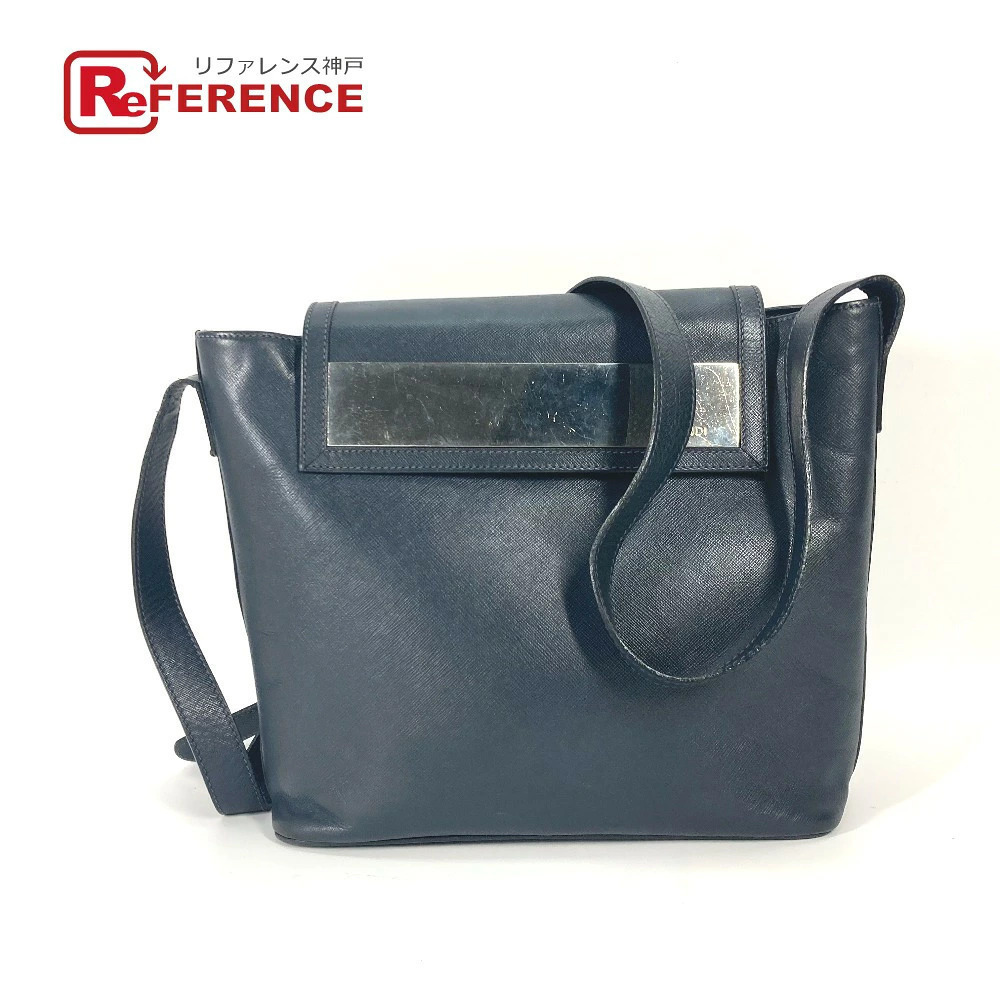 Fendi Metal Plate Crossbody Bag Shoulder Leather Navy Blue